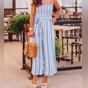 LOFT Smocked Stripped Top Spaghetti Straps Wide Leg Jumpsuit Size Medium NWT